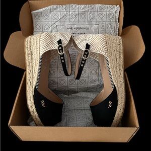 Viscata Italian Black and Cream Espadrille Wedge Sandals with Ankle Strap